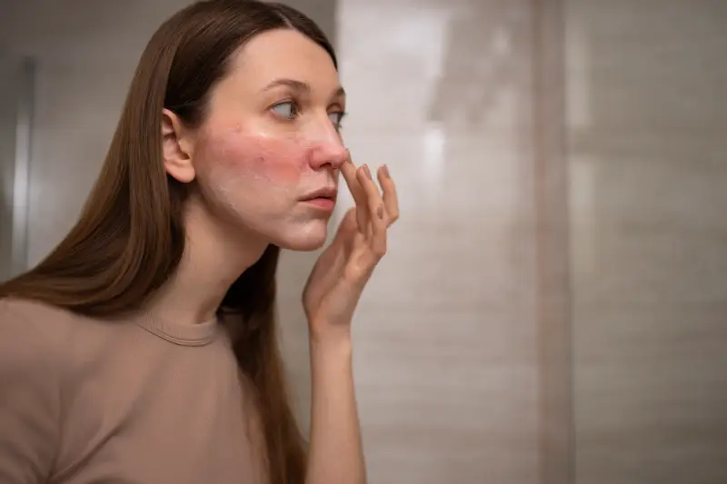 Woman looking at her rosacea in a mirror